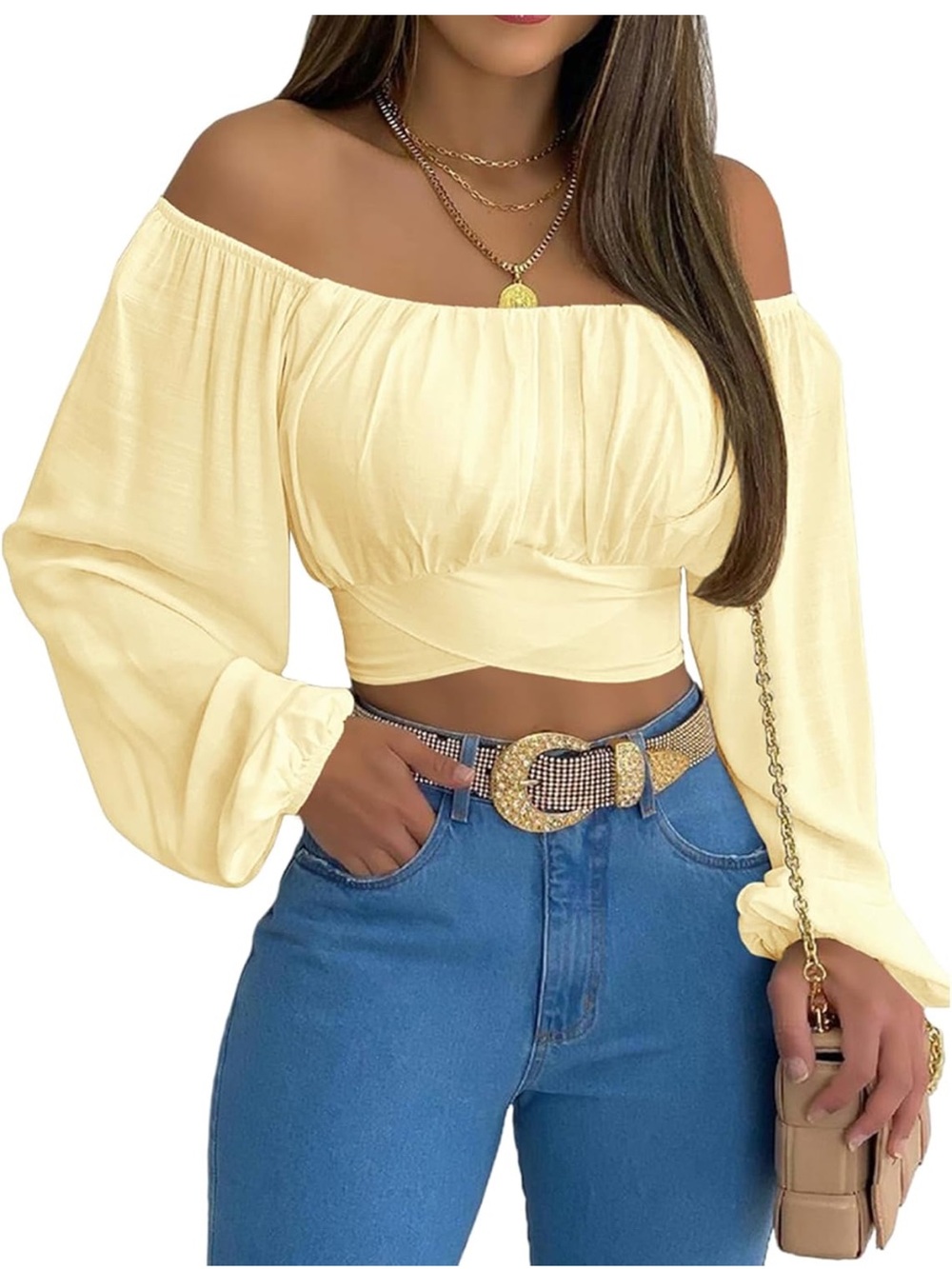 Source Unknown Cream Off-Shoulder Long Sleeve Crop Top